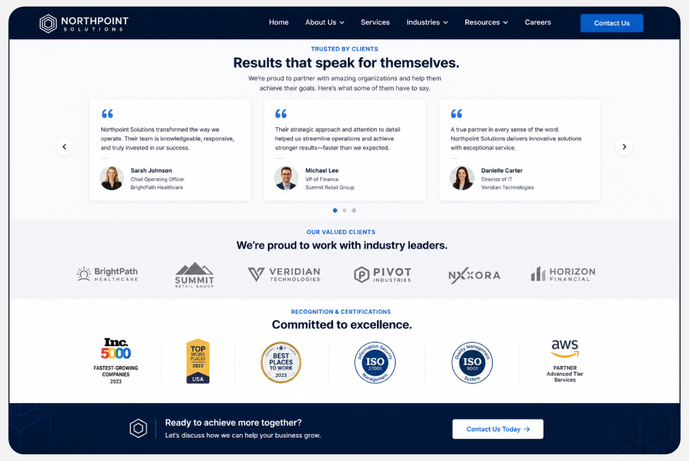 Customer testimonials on About Us page